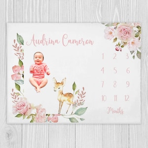 Floral Deer Milestone Blanket, Baby Girl Milestone Blanket, Baby Shower Gift, Deer Baby Blanket Personalized Baby Blanket Baby Month Blanket