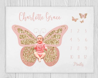 Manta de hito de mariposa, manta de hito de niña, regalo de baby shower, regalo de nueva mamá, manta del mes del bebé, manta de bebé de mariposa personalizada