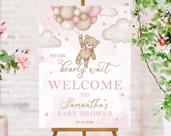 Teddy Bear Baby Shower Welcome Sign, Bear Balloon Welcome Sign, We Can Bearly Wait Baby Shower Sign, Pink Teddy Bear Baby Shower Decor Girl