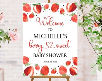 Strawberry Baby Shower Welcome Sign, Girl Baby Shower Sign, Berry Sweet Baby Shower Decorations Girl, Fruit Baby Shower Welcome Poster, SB1