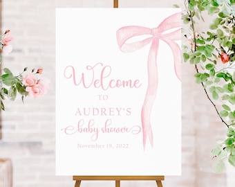 Pink Bow Baby Shower Welcome Sign, Pink Baby Shower Sign Girl, Bow Baby Shower Poster, Girl Baby Shower Decorations, Pink Bow Party Sign PB1
