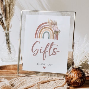 Signe de cadeaux, signe de douche de bébé arc-en-ciel, signe de table de cadeau de douche de bébé arc-en-ciel Boho, décor imprimable de douche de bébé Boho, téléchargement immédiat BOHB1