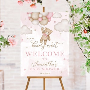Teddy Bear Baby Shower Welcome Sign, Bear Balloon Welcome Sign, We Can Bearly Wait Baby Shower Sign, Pink Teddy Bear Baby Shower Decor Girl