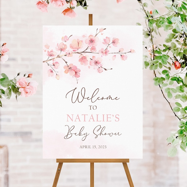 Cherry Blossom Welcome Sign, Pink Floral Baby Shower Welcome Sign, Baby Girl Baby Shower Decorations, Spring Japanese Sakura Welcome Poster