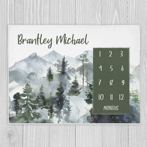 Mountain Milestone Blanket, Woodland Baby Boy Milestone Blanket, Baby Shower Gift, Monthly Milestone, Personalized Forest, Adventure Awaits