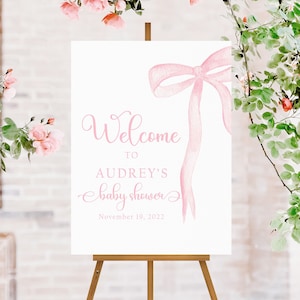 Pink Bow Baby Shower Welcome Sign, Pink Baby Shower Sign Girl, Bow Baby Shower Poster, Girl Baby Shower Decorations, Pink Bow Party Sign PB1