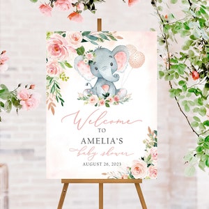 Elephant Baby Shower Welcome Sign Girl, Pink Elephant Baby Shower Sign, Elephant Baby Shower Decoration Girl, Pink Floral Baby Shower Poster