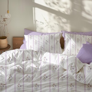 Coquette Floral Bedding Set, Cute Bedding Twin Bed, Purple Floral Duvet Cover, Dorm Duvet Set, Bow Bedding, Girl Comforter Twin, Queen, King