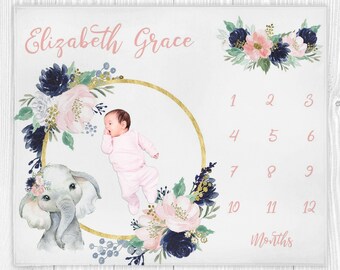Baby Milestone Blanket Girl, Elephant Baby Blanket, Baby Girl Blanket, Growth Tracker, Age Blanket, Girl Milestone Blanket, Baby Shower Gift