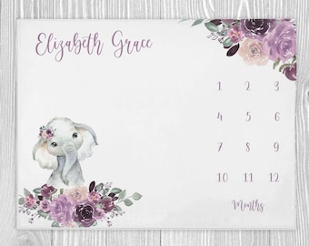 Baby Milestone Blanket Girl, Purple Floral Elephant Baby Blanket, Baby Girl Milestone Blanket, Growth Tracker, Age Blanket, Baby Shower Gift