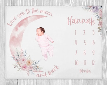 Moon Milestone Blanket Girl, To The Moon And Back Baby Milestone Blanket Girl, Baby Shower Gift, New Mom Gift, Moon Stars Baby Month Blanket
