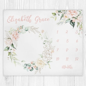Mijlpaaldeken babymeisje, mijlpaaldeken met roze bloemen, mijlpaaldeken babymaand, mijlpaaldeken babymaand, gepersonaliseerd mijlpaaldeken, kraamcadeau