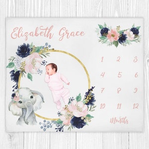 Baby Milestone Blanket Girl, Elephant Baby Blanket, Baby Girl Blanket, Growth Tracker, Age Blanket, Girl Milestone Blanket, Baby Shower Gift