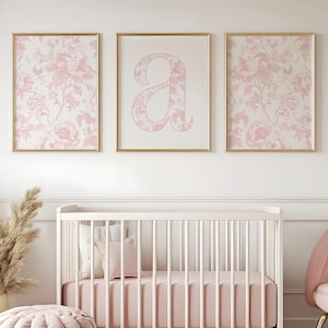 Pink Floral Nursery Print Custom, Chinoiserie Wall Art, Pink Toile Nursery Art, Personalized Letter Initial Print, Baby Girl Nursery Decor