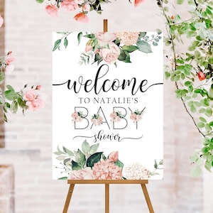 Floral Baby Shower Welcome Sign, Baby Shower Sign, Girl Baby Shower Poster Printed, Floral Girl Baby Shower Decorations, Pink Welcome Poster