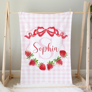Personalized Baby Girl Blanket, Strawberry Baby Blanket, Bow Baby Blanket, Girl Crib Bedding, Coquette Strawberry Nursery, Pink Crib Bedding