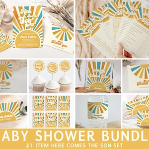 Editable Sunshine Baby Shower Invitation Bundle, Here Comes The Son Baby Shower Games, Sun Baby Shower Decorations Set Instant Download RSB1