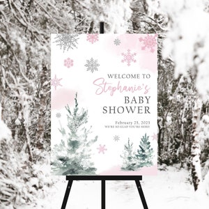 Welcome Sign Baby Shower Winter, Winter Baby Shower Sign, Pink Snowflake Baby Shower Welcome Sign With Pines, Baby Shower Decorations Girl