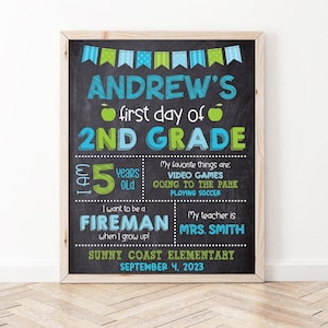 Chalkboard Back to School Sign, Boy First Day of School Sign, Editable First Day of School Chalkboard Sign Printable, Blue Green, Download