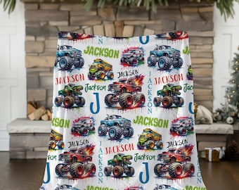 Monstertruck Namensdecke für Kinder, individuelle Monstertruck-Decke, personalisiertes Geschenk für Jungen, Kleinkindbettwäsche, Jungennamenwurf