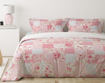 Juego de cama elegante con estampado floral, funda nórdica con estampado floral rosa, ropa de cama rosa preppy, ropa de cama para dormitorio, juego de edredón rosa para camas individuales, queen y king, edredón pastel