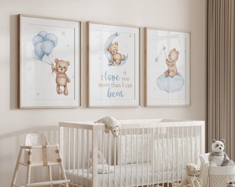 Teddy Bear Nursery Prints, Balloon Nursery Decor, Set of 3 Teddy Bear Print, Blue Nursery Decor Boy, Boy Nursery Wall Decor, Baby Boy Prints