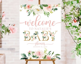 Floral Baby Shower Welcome Sign, Personalized Baby Shower Sign, Baby Shower Poster, Girl Baby Shower Decorations, Pink Welcome Poster PFB1