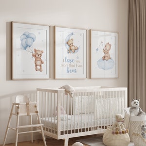 Teddy Bear Nursery Prints, Balloon Nursery Decor, Set of 3 Teddy Bear Print, Blue Nursery Decor Boy, Boy Nursery Wall Decor, Baby Boy Prints