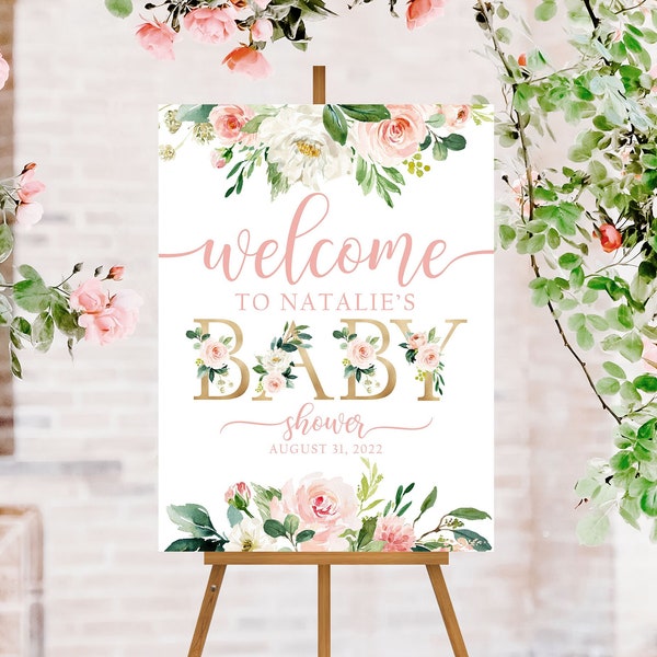 Floral Baby Shower Welcome Sign, Personalized Baby Shower Sign, Baby Shower Poster, Girl Baby Shower Decorations, Pink Welcome Poster PFB1