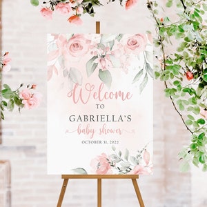 Floral Baby Shower Welcome Sign, Floral Baby Shower Sign Canvas, Welcome Baby Shower, Baby Girl Baby Shower Decorations, Pink Welcome Poster