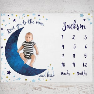 Manta personalizada para hitos de bebé, manta para el mes del bebé con luna y estrellas, manta para hitos de bebé niño, regalo para baby shower de nueva mamá, manta para el mes del bebé