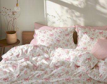 Juego de cama Coquette con estampado floral rosa, funda nórdica rosa, juego de cama con lazo rosa (tamaño individual), ropa de cama para dormitorio, edredón Coquette, tamaño queen, tamaño king, ropa de cama bonita