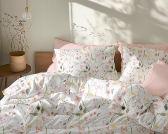 Juego de cama Floral Coquette, juego de funda nórdica Wildflower, ropa de cama Bow Twin, ropa de cama para dormitorio, edredón floral rosa, Queen, King, ropa de cama bonita