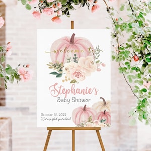 Pumpkin Baby Shower Welcome Sign, Floral Baby Shower Sign, Girl Baby Shower Decorations, Pink Little Pumpkin Baby Shower Sign Welcome Poster