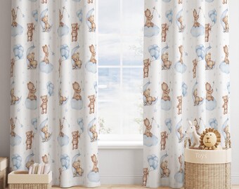 Teddy Bear Curtains, Blue Nursery Curtains, Boy Nursery Curtains, Blackout Curtains Nursery, Blue Teddy Bear Nursery Decor, Moon Stars Cloud