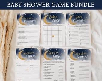 May include: A set of printable baby shower game cards featuring a blue and gold color scheme with a crescent moon and stars. The games include "Who Knows Mommy Best?", "Baby Bingo", "Baby Name Race", "Predictions & Advice", "Price is Right", and "Baby Word Scramble".