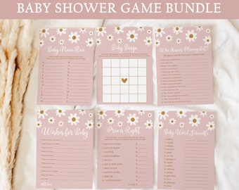 May include: A baby shower game bundle with a daisy floral design. The bundle includes games like Baby Name Race, Baby Bingo, and Wishes for Baby. The text "Ready to Print" and "Baby Shower Game Bundle" are at the top of the image.