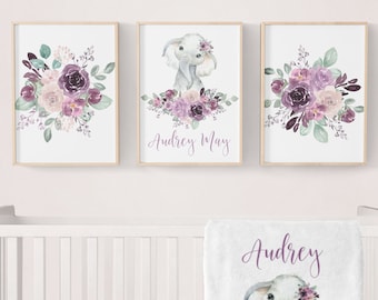 Stampe per la cameretta degli elefanti, Decorazioni per la cameretta degli elefanti floreali, Decorazioni per la cameretta degli elefanti, Stampa personalizzata per la cameretta dei bambini, Arte della parete con nome del bambino, Decorazioni per la cameretta delle ragazze
