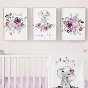 Elephant Nursery Prints, Floral Elephant Nursery, Elephant Nursery Decor, Personalized Nursery Print, Baby Name Wall Art, Girl Nursery Decor