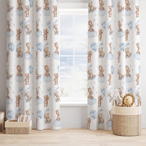 Teddy Bear Curtains, Blue Nursery Curtains, Boy Nursery Curtains, Blackout Curtains Nursery, Blue Teddy Bear Nursery Decor, Moon Stars Cloud
