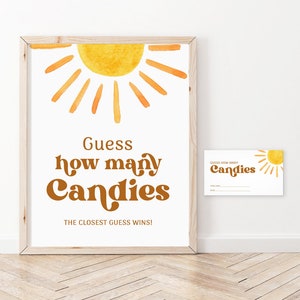 Raad eens hoeveel snoepjes er in de pot zitten Spel, Here Comes The Son Babyshower Afdrukbaar, Sunshine Babyshower Spelletjes Zon, Instant Download, SBS1