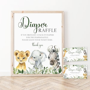 Windel-Verlosung Tickets und Schild, Druckbare Safari-Baby-Dusche-Spiel, Baby-Dusche-Schild, Dschungel-Baby-Dusche-Windel-Gewinnspiel, Dschungeltiere, SAB1