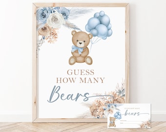 Blue Boy Teddy Bear Guess How Many Bears Game, Boho We Can Bearly Wait Baby Shower Printable, Teddy Bear Baby Shower Instant Download, BTB1