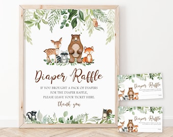 Diaper Raffle Tickets And Sign, Woodland Baby Shower Game Sign, Diaper Raffle Sign Printable Download, Greenery Woodland Animals Forest, WS1
