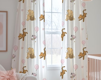 Winnie-the-Pooh Nursery Curtains, Baby Girl Room Curtains, Bear Nursery Decor, Pink Window Curtain Blackout, Classic Winnie-the-Pooh Bedroom