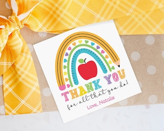 Bewerkbare Leraar Waardering Tag, Rainbow Thank You Tag Leraar, Afdrukbare Leraar Waardering Gift Tag, Cadeau voor Leraar Instant Download