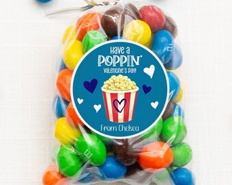 Pegatinas de San Valentín de Palomitas de Maíz, Pegatinas Poppin' Popcorn Favor de San Valentín, Etiquetas de San Valentín de Bolso de Golosinas, Pegatinas De Día de San Valentín, Set Personalizado