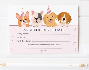 Lets Pawty Adoption Certificate, Puppy Party Printable, Instant Download, Puppy Birthday, Pet Adoption Certificate, Lets Pawty Birthday Girl