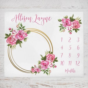 Mijlpaaldeken meisje, mijlpaaldeken met roze bloemen, gepersonaliseerd mijlpaaldeken, mijlpaaldeken babymaand, kraamcadeau