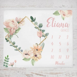 Mijlpaaldeken meisje, mijlpaaldeken bloemenmeisje, gepersonaliseerd mijlpaaldeken, mijlpaaldeken babymaand, kraamcadeau